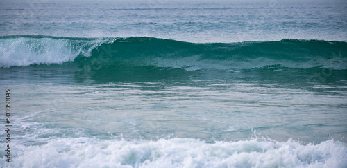 Blue ocean waves. Panorama on sea, beautiful seascape, tropical sea. Ocean or sea waves, nature concept.