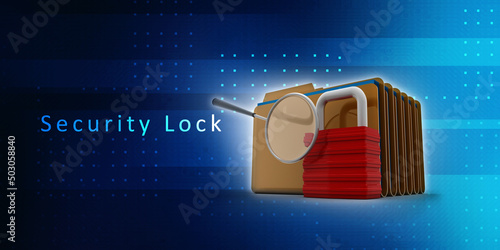 Yellow folder and lock with lens. Data security concept. 3D rendering