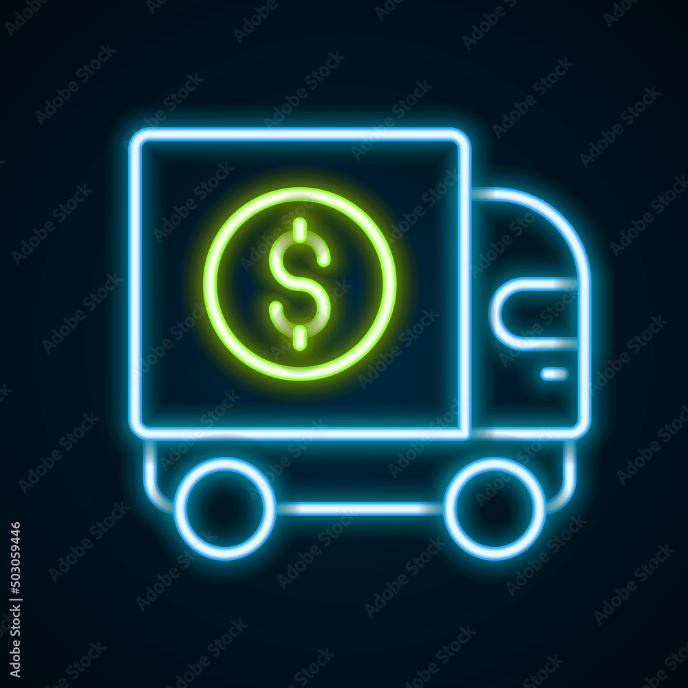Glowing neon line Armored truck icon isolated on black background. Colorful outline concept. Vector Glowing neon line Armored truck icon isolated on black background. Colorful outline concept. Vector