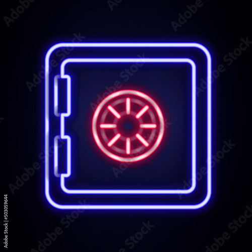 Glowing neon line Safe icon isolated on brick wall background. The door safe a bank vault with a combination lock. Reliable Data Protection. Colorful outline concept. Vector