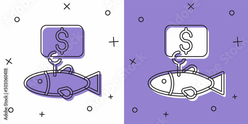 Set Price tag for fish icon isolated on white and purple background. Vector