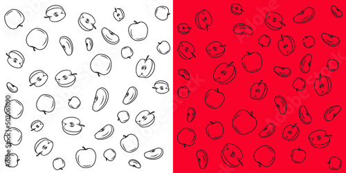 Various apples and apple slices in doodle style. Drawn vector fruit illustration