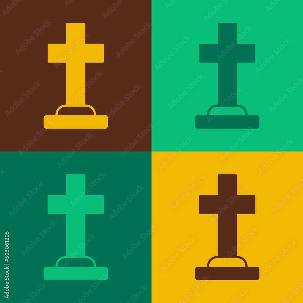 Pop art Tombstone with cross icon isolated on color background. Grave icon. Happy Halloween party. Vector