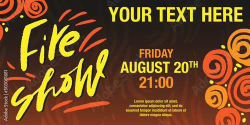 Fire show horizontal banner or flyer template with firework clipart and modern calligraphy text on the dark background. 