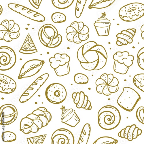 A hand-drawn pattern of bakery elements bretzel croissant bread donut baguette Vector in the style of a doodle sketch. For cafe and bakery menus