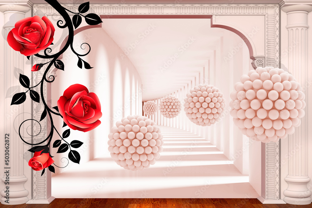 Fototapeta premium 3d rendering. A rose with a branch. 3d balls in the tunnel. A wall with arches and columns. 3d Photo Wallpapers.