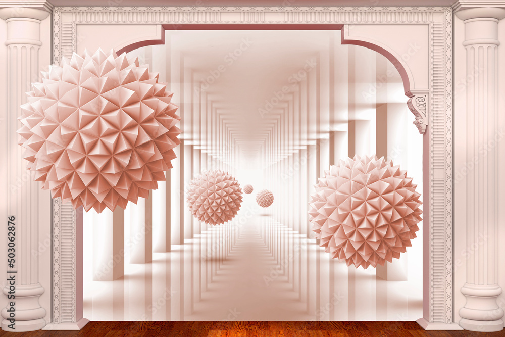 Fototapeta premium 3d balls fly into the room. 3d image, 3d wallpaper. Wallpaper for the living room.