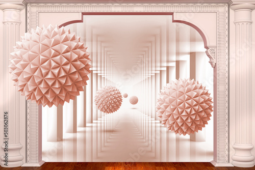 Fototapeta Naklejka Na Ścianę i Meble -  3d balls fly into the room. 3d image, 3d wallpaper. Wallpaper for the living room.