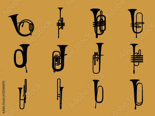 Music instruments set. Brass musical instrument silhouettes on white backgroun