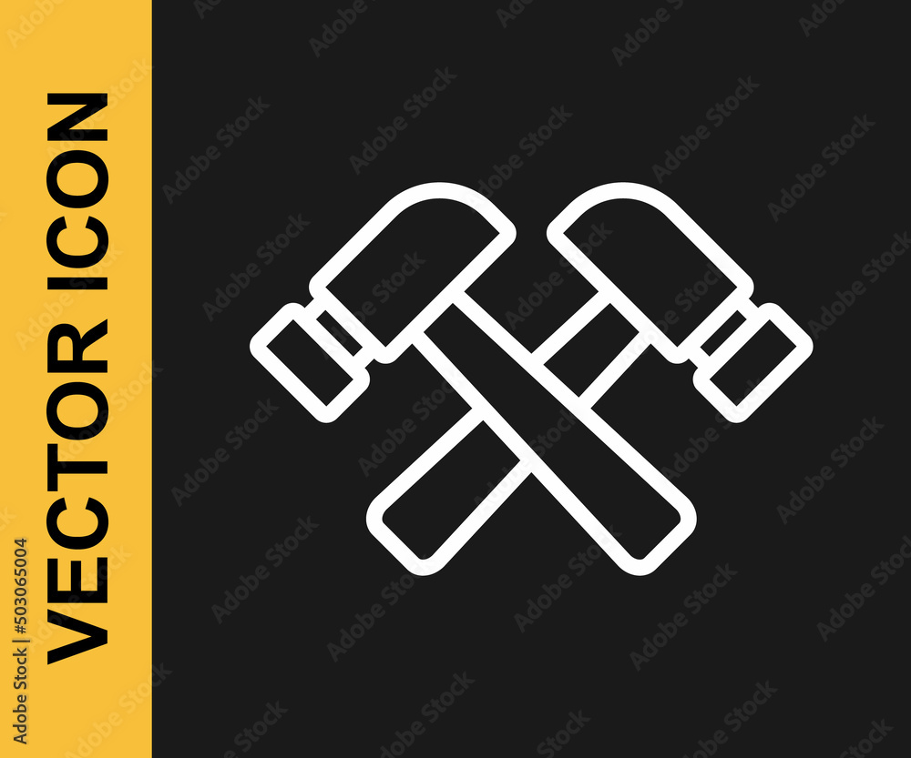 White line Crossed hammer icon isolated on black background. Tool for repair. Vector White line Crossed hammer icon isolated on black background. Tool for repair. Vector