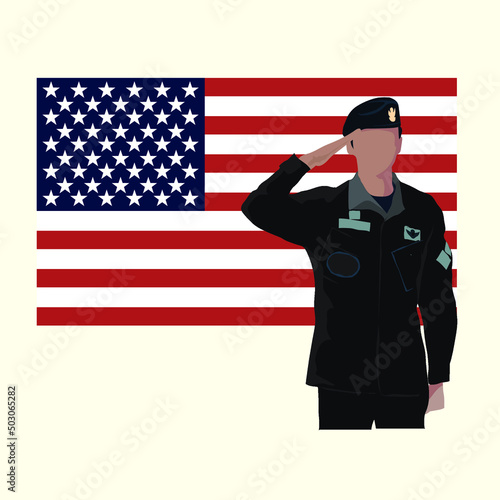 Vector design of an army soldier saluting with a USA flag background