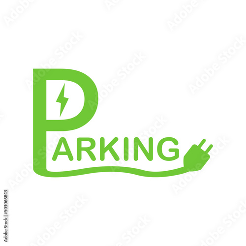 Green parking with cable and plug concept eco electric car (EV car) charging sign icon flat vector design.