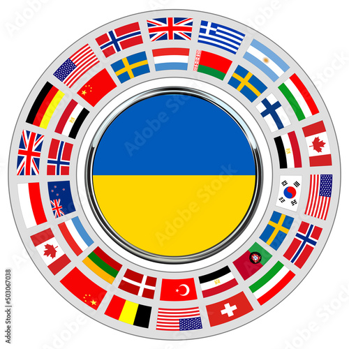 A symbol of international cooperation with Ukraine. Ring of flags around Ukrainian flag button