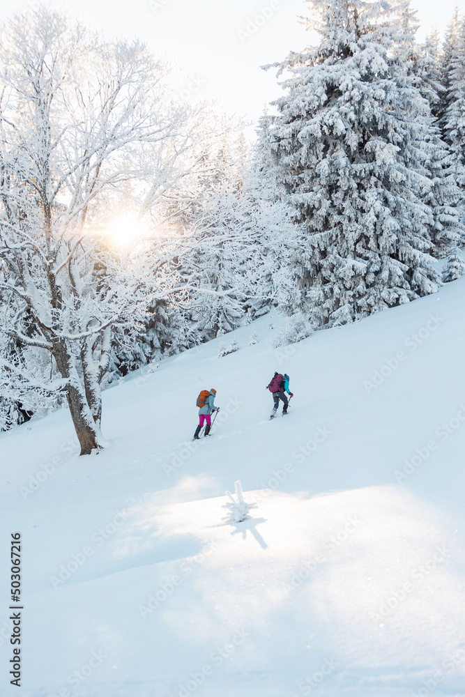Two women walk in snowshoes on the mountain trail