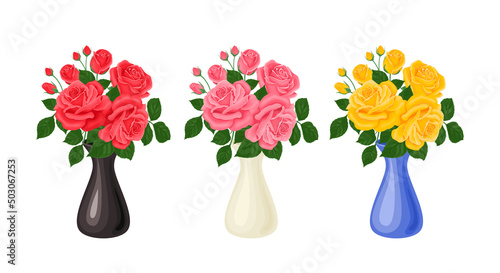 Bouquets of roses set. Beautiful red, yellow and pink rose flowers in vases isolated on white background. Vector illustration in cartoon flat style.