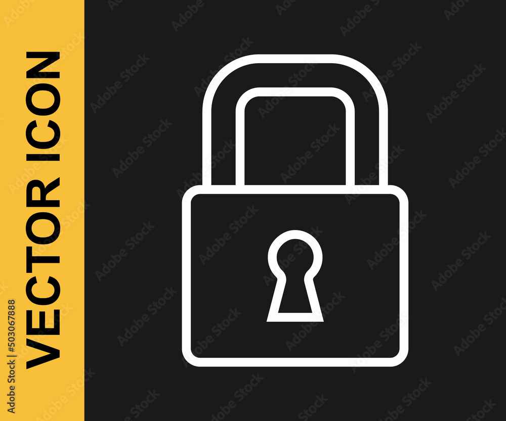 White line Lock icon isolated on black background. Padlock sign. Security, safety, protection, privacy concept. Vector White line Lock icon isolated on black background. Padlock sign. Security, safety, protection, privacy concept. Vector