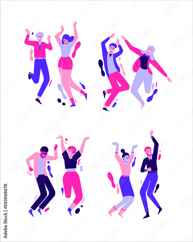 Various colored couples dancing and jumping happily Various colored couples dancing and jumping happily