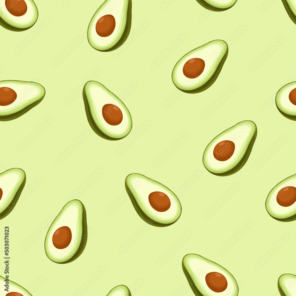 Avocado in flat style seamless pattern on green background. Avocado halves vector background. Avocado in flat style seamless pattern on green background. Avocado halves vector background.
