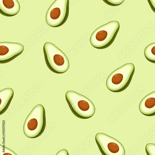 Avocado in flat style seamless pattern on green background. Avocado halves vector background.