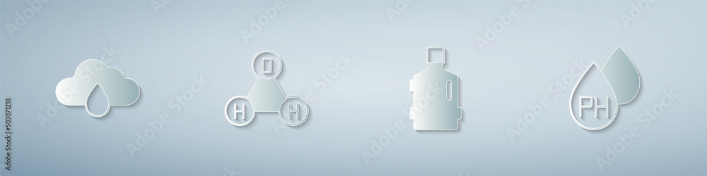 Set Cloud with rain, Chemical formula water H2O, Big bottle clean and Water drop. Paper art style. Vector Set Cloud with rain, Chemical formula water H2O, Big bottle clean and Water drop. Paper art style. Vector