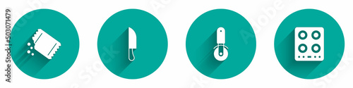 Set Packet of pepper, Knife, Pizza knife and Gas stove icon with long shadow. Vector