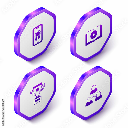 Set Isometric Online education with diploma, Audio book, Award cup and class icon. Purple hexagon button. Vector