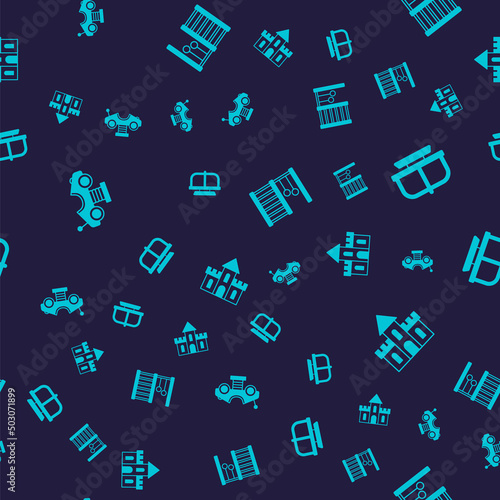 Set Swing car, Attraction carousel, Swedish wall and Sand castle on seamless pattern. Vector