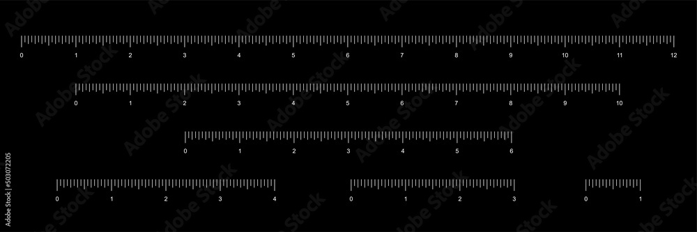 Set of rulers to measure length in inches vector illustration. Simple school instrument with English system measures scales for measurement 12, 10, 6, 4, 3, 1 inches, collection for math background. Set of rulers to measure length in inches vector illustration. Simple school instrument with English system measures scales for measurement 12, 10, 6, 4, 3, 1 inches, collection for math background.