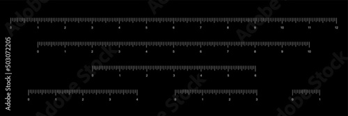 Set of rulers to measure length in inches vector illustration. Simple school instrument with English system measures scales for measurement 12, 10, 6, 4, 3, 1 inches, collection for math background.