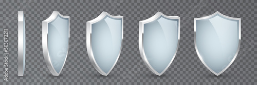 Security shields set with mirror reflection on glass surface and shiny light effect