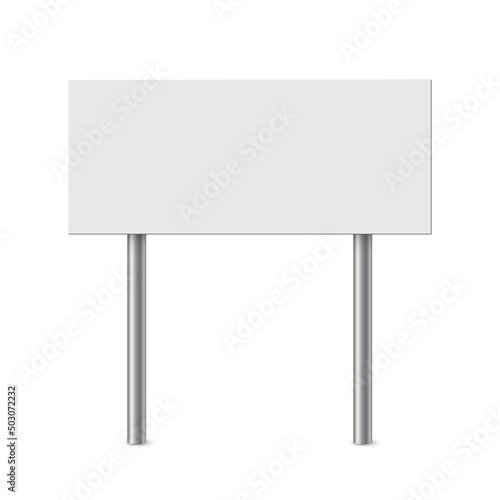 Empty metal sign post vector illustration. Realistic 3d blank steel signboard with blank placard for information and white plank, billboard panel on bollard, guidepost isolated on white background.
