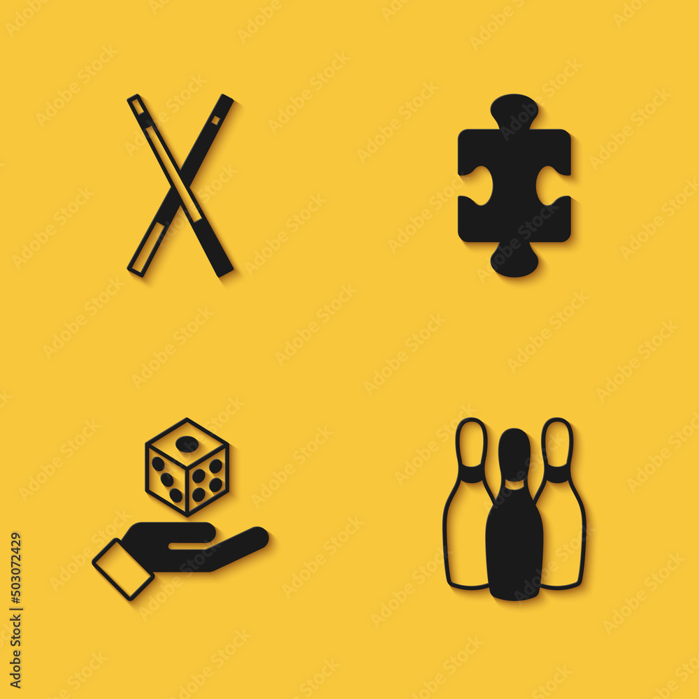 Fototapeta premium Set Crossed billiard cues, Bowling pin, Game dice and Puzzle pieces toy icon with long shadow. Vector