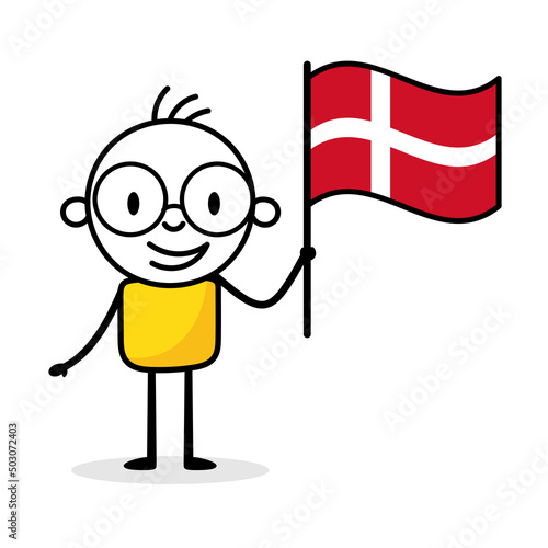 Man holding flag of Denmark isolated on white background. Hand drawn doodle line art man. Concept of country. Vector stock illustration
