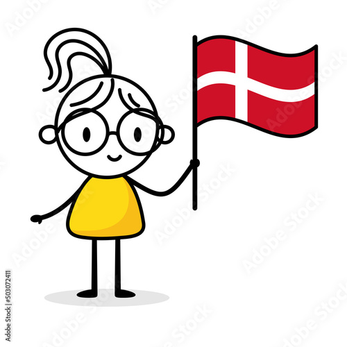 Woman holding flag of Denmark isolated on white background. Hand drawn doodle line art man. Concept of country. Vector stock illustration
