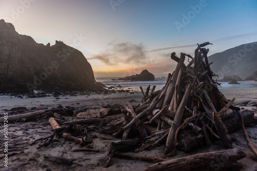 Close-up of a pile of firewood laying ashore on Pfeiffer Beach, around sunset.