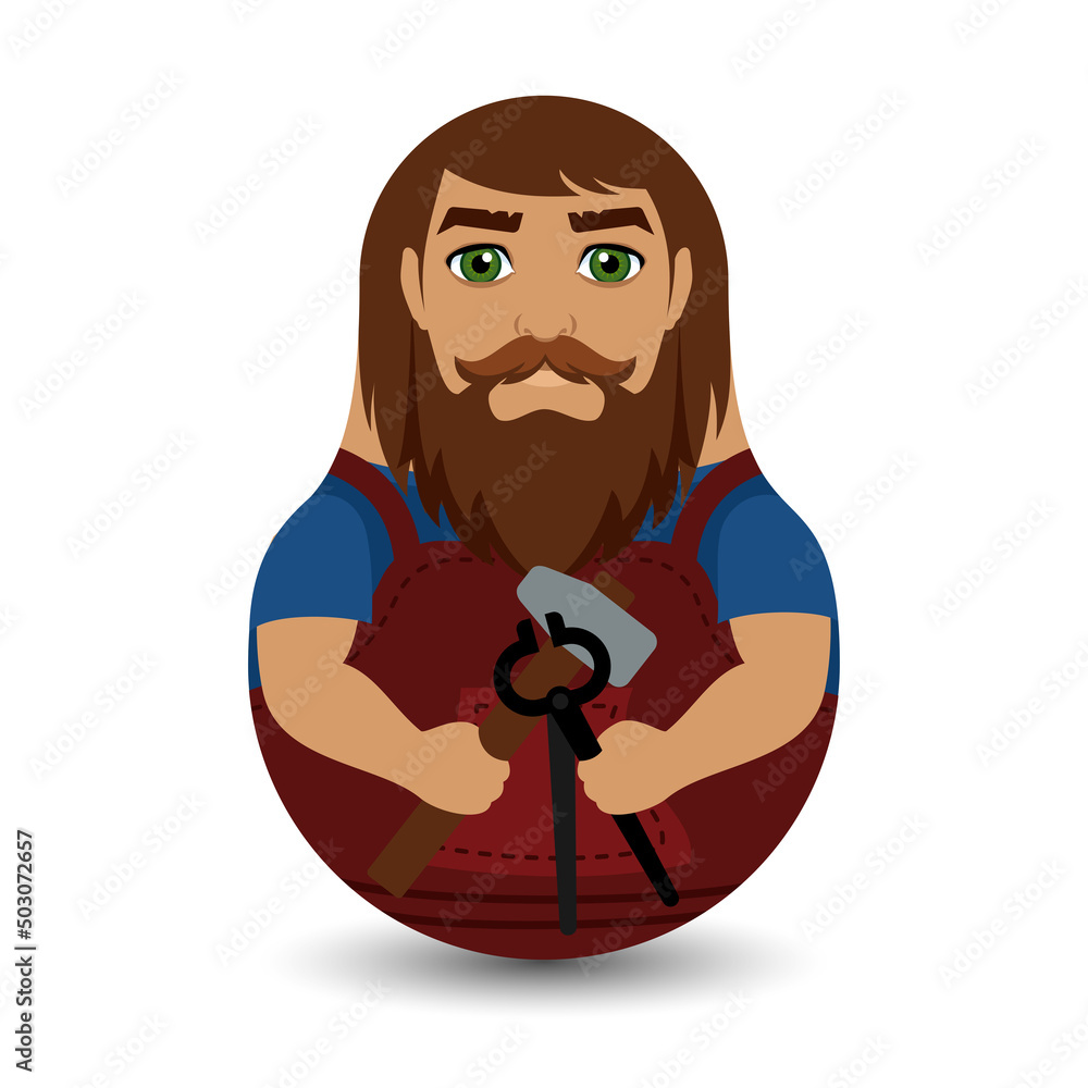 Blacksmith. An image of a bearded male blacksmith holding a hammer and tongs. Design tilting toy. Modern kawaii dolls for your business project. Flat vector illustration. Blacksmith. An image of a bearded male blacksmith holding a hammer and tongs. Design tilting toy. Modern kawaii dolls for your business project. Flat vector illustration.
