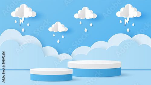 Paper cut of white and blue color cylinder podium for products display presentation with clouds, raindrops and lightning. Vector illustration