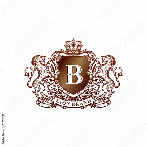 Lion heraldry emblem modern line style with a shield and crown logo design