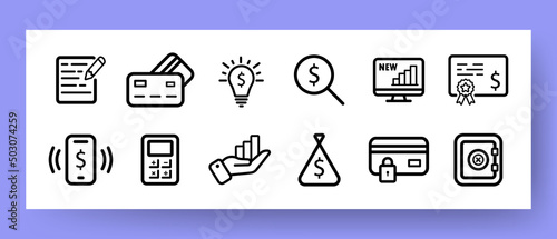 Money set icon. Map, Application, Resume, Lamp, Idea, Career, Magnifier, Safe, Salary, Calculator, bank card, chart, diagram. dollar, etc. Vector line icon for Business and Advertising