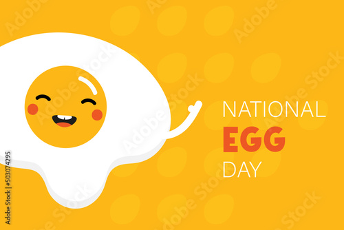 National Egg Day greeting card, illustration with cute cartoon style fried egg character. June 3.
