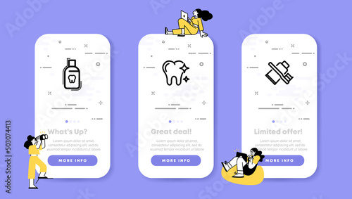 Dentist set icon. Breath freshener, brushing teeth, toothpaste and brush. Tooth concept. UI phone app screens with people. Vector line icon for Business and Advertising