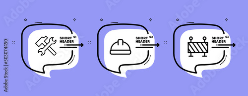 Construction set icon. Hammer, wrench, hard hat, safety helmet, barrier. Builder concept. Infographic timeline with icons and 3 steps. Vector line icon for Business and Advertising