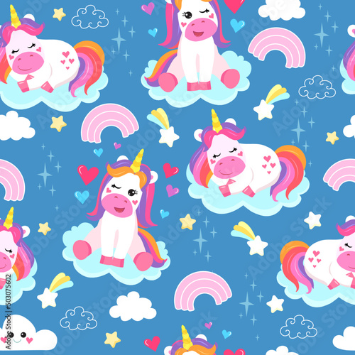 colorful seamless patterns with unicorns in cartoon style for kids. vector illustration