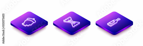 Set Isometric line French man, Macaroni and Bottle of wine icon. Vector