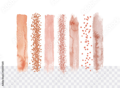 Collection of watercolor and glittering paint strokes in neutral colors. Vector brush stroke