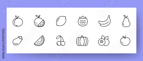 Fruits set icon. Orange, peach, lemon, apple, banana, pear, watermelon, cherry, pumpkin, raspberry, strawberry. Vector line icon for Business and Advertising