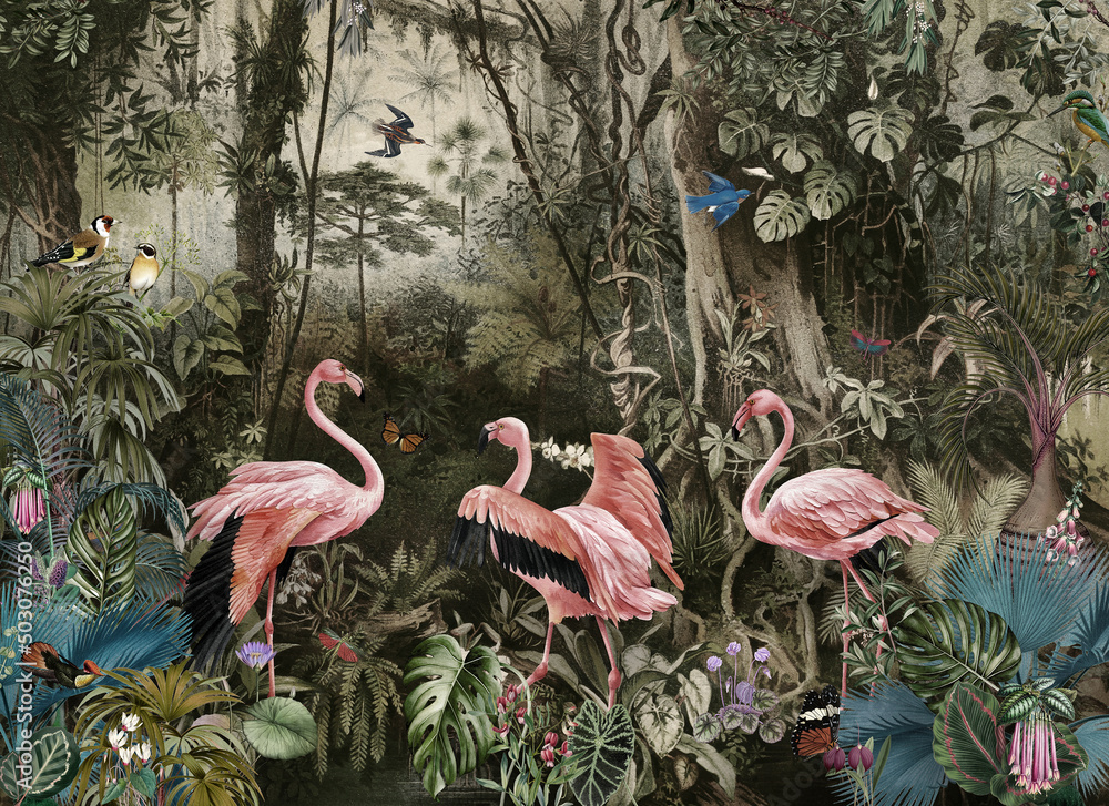 wallpaper jungle and tropical forest flamngo and birds, old drawing vintage.