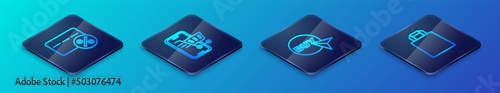 Set Isometric line Buy button, Discount card with percent, Paper shopping bag and Mobile cart icon. Vector