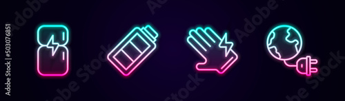 Set line Refrigerator, Battery charge, Electric glove and Global energy planet with plug. Glowing neon icon. Vector