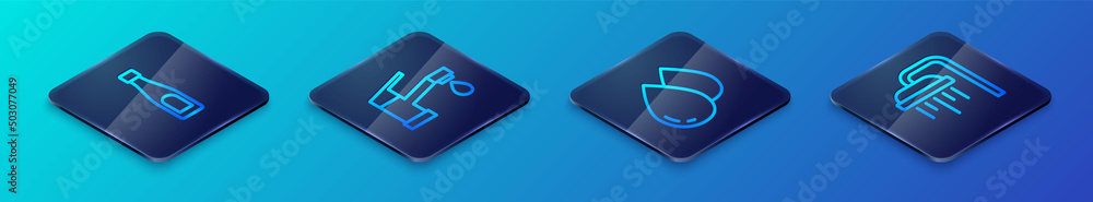 Set Isometric line Water drop, Bottle of water, Shower and tap icon. Vector Set Isometric line Water drop, Bottle of water, Shower and tap icon. Vector
